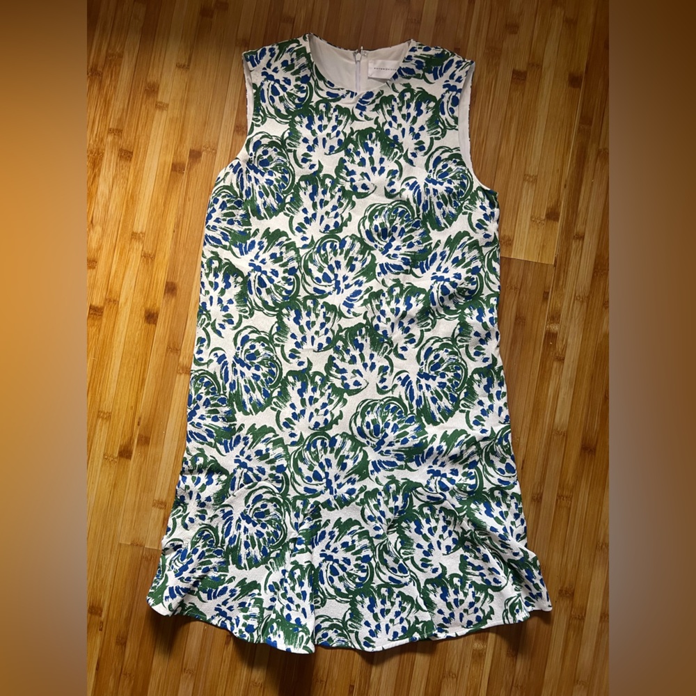 Victoria Beckham Green and Blue Floral Flounce hem Dress sz 6